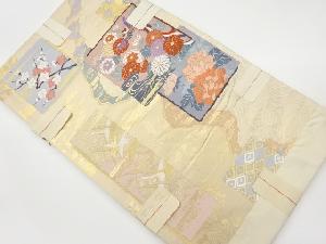 リサイクル　色紙に短冊・花々・群鶴模様織出し袋帯